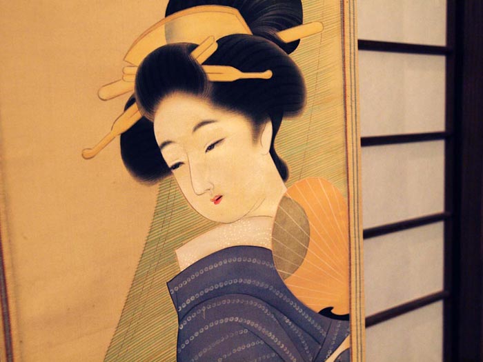 японский свиток девушка с веером, японский интерьер