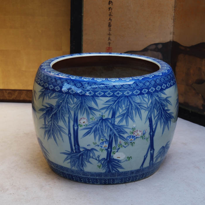 японская керамика, японская ваза хибачи с бамбуком