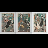 Утагава Кунисада (Тоёкуни). Сцена из пьесы "Иро но минато такара но ирифунэ". Триптих